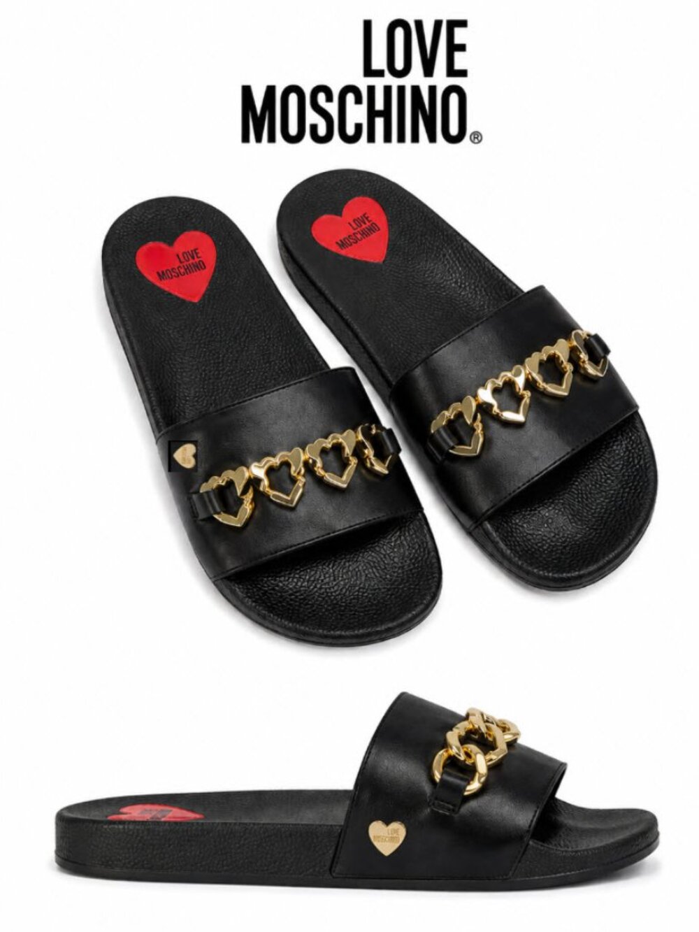 Love Moschino Black Chain Slide Sandals Red Heart Logo Size 7